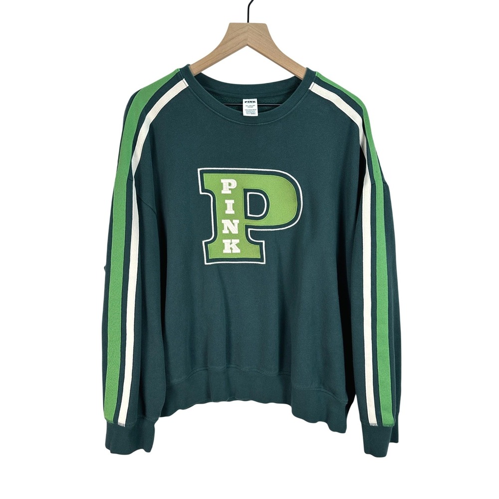 Pink Victoria's Secret Sweatshirt Women XXL Green Varsity Crewneck Pullover